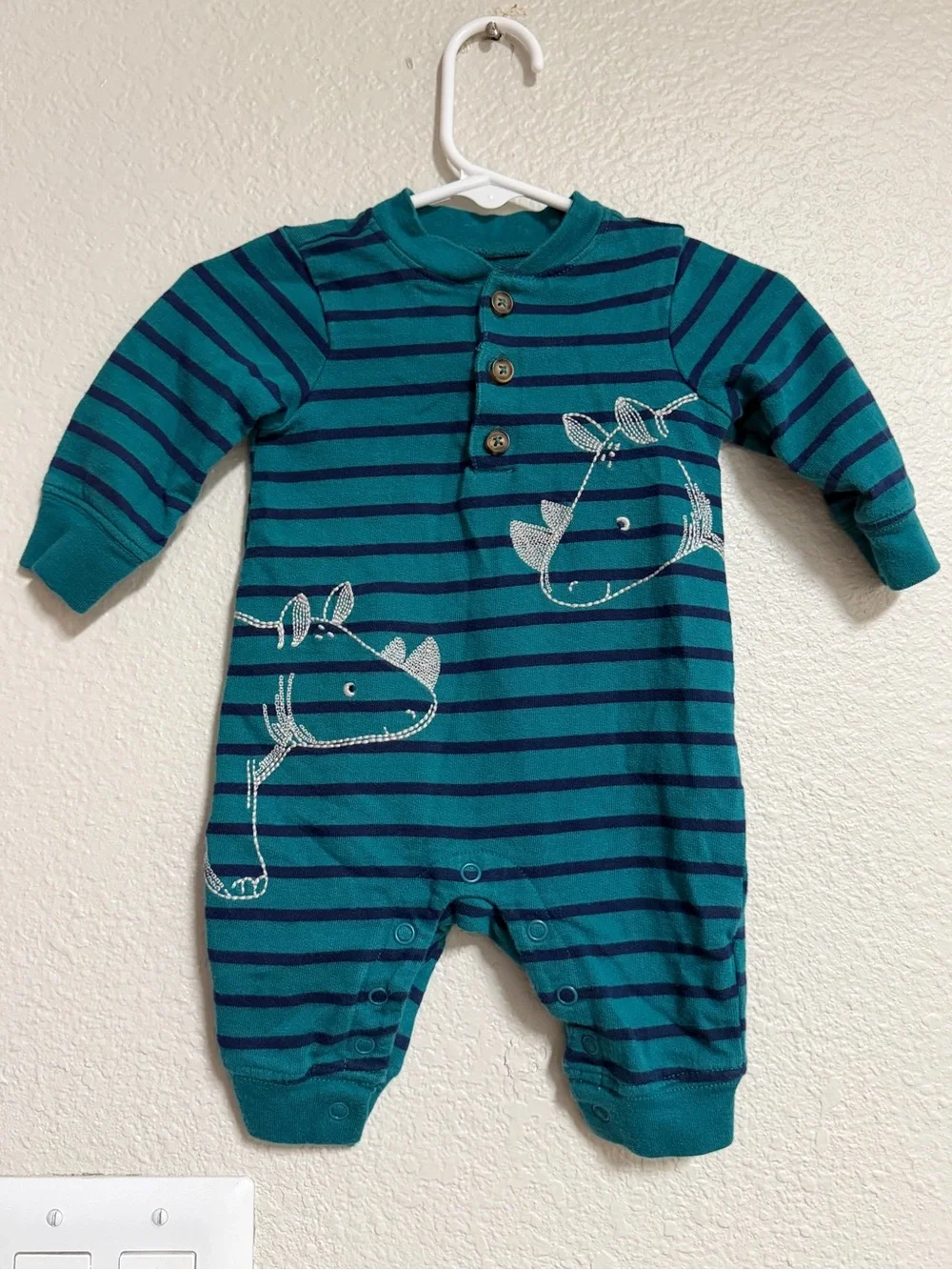 Carter's Teal & Navy Striped Dinosaur Footed One-Piece